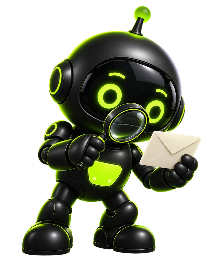 Black Bot examining an envelope with a magnifying glass