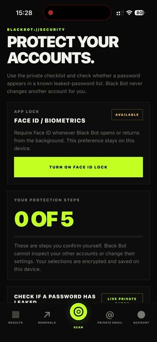 Black Bot security checklist screen
